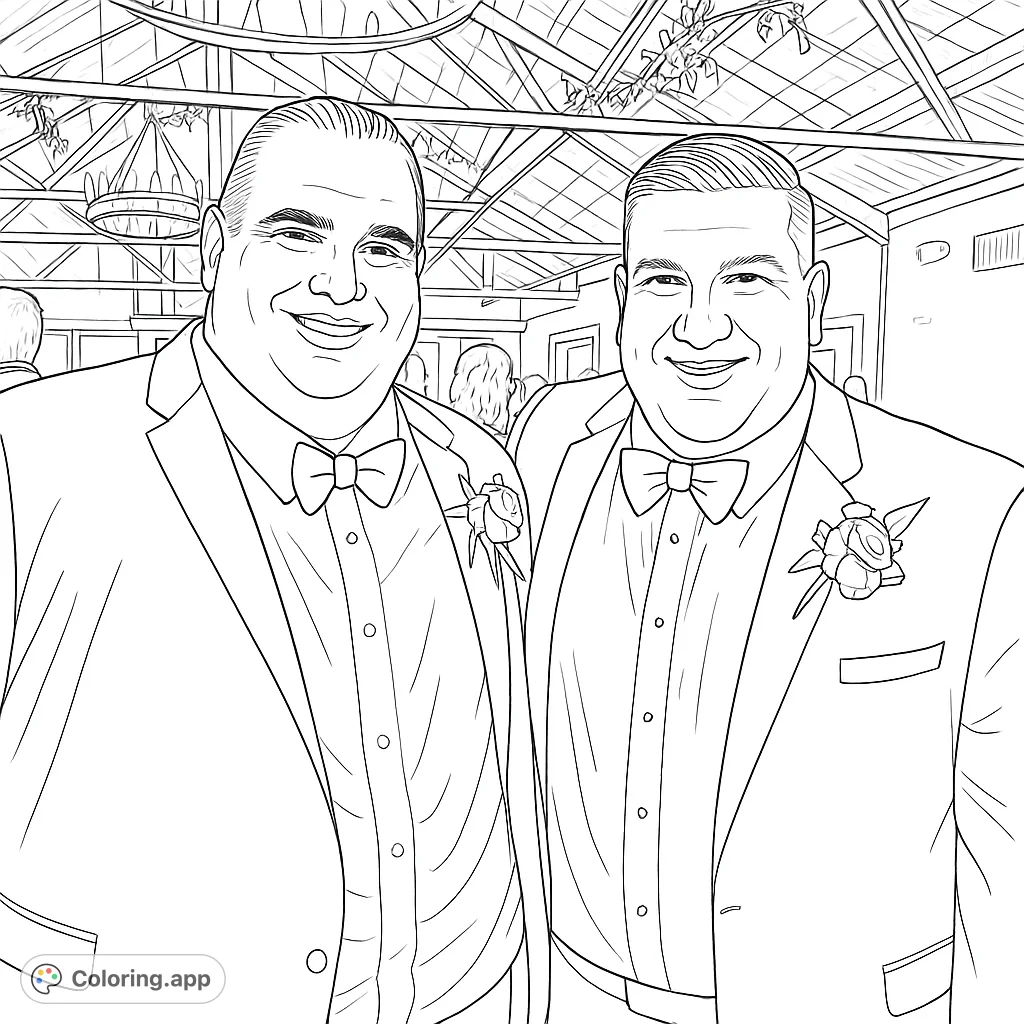 A charming formal event coloring page featuring two smiling men in suits with bow ties and boutonnieres, set against a detailed glass ceiling venue.