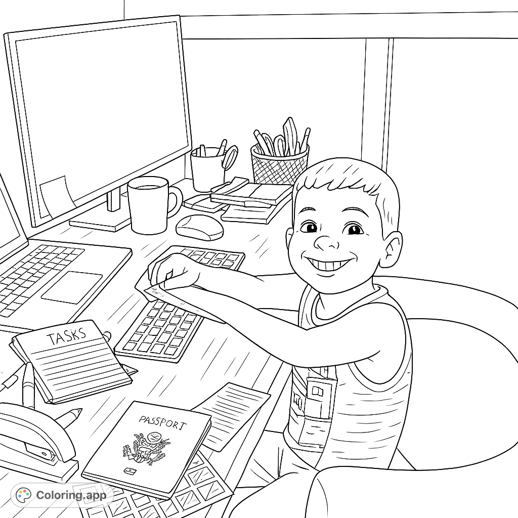 A cheerful boy at a busy desk with a computer, laptop, and school supplies, perfect for a home office coloring page or study scene.