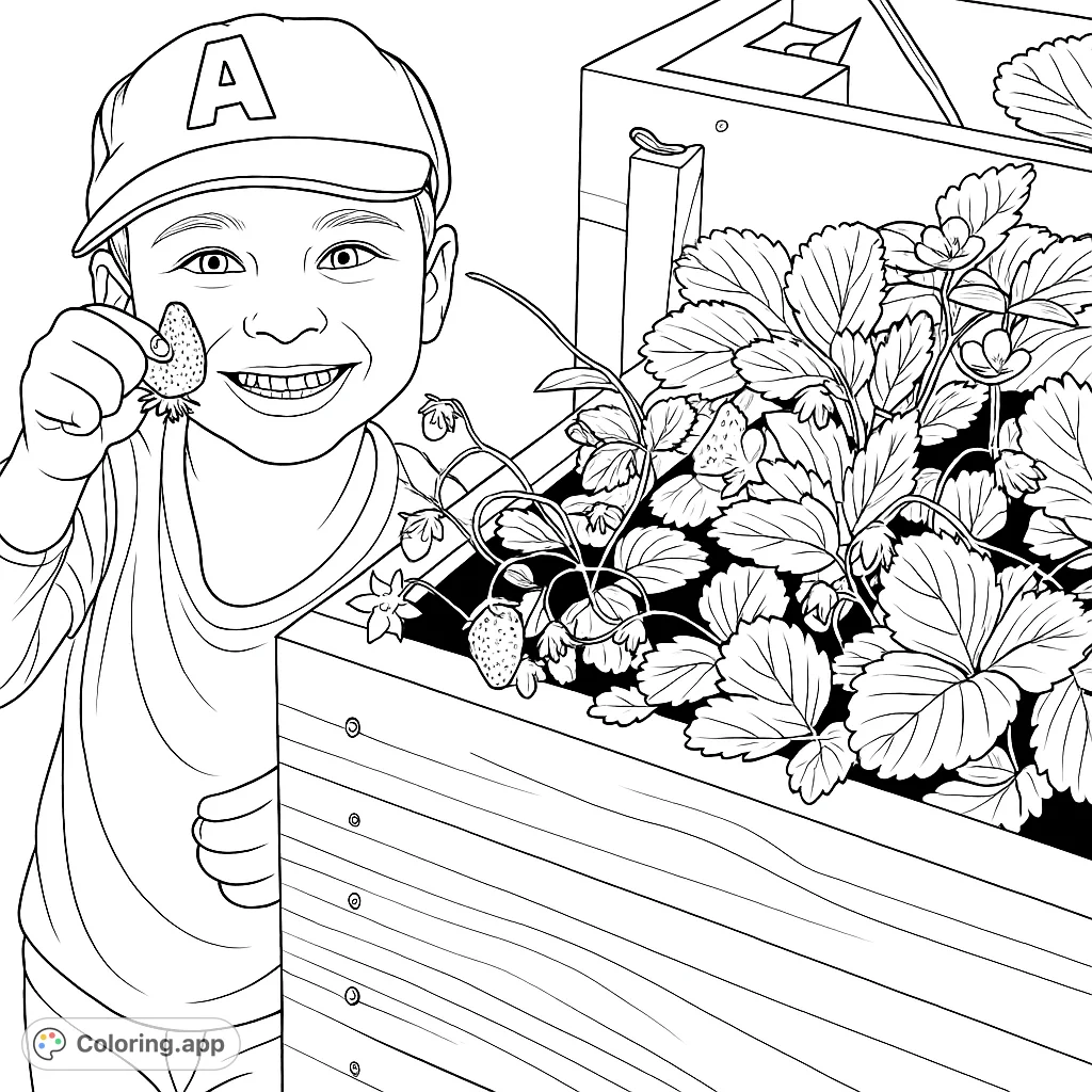 A joyful boy proudly holds a freshly picked strawberry from a lush garden bed. Perfect for a delightful gardening coloring page, celebrating nature's bounty.