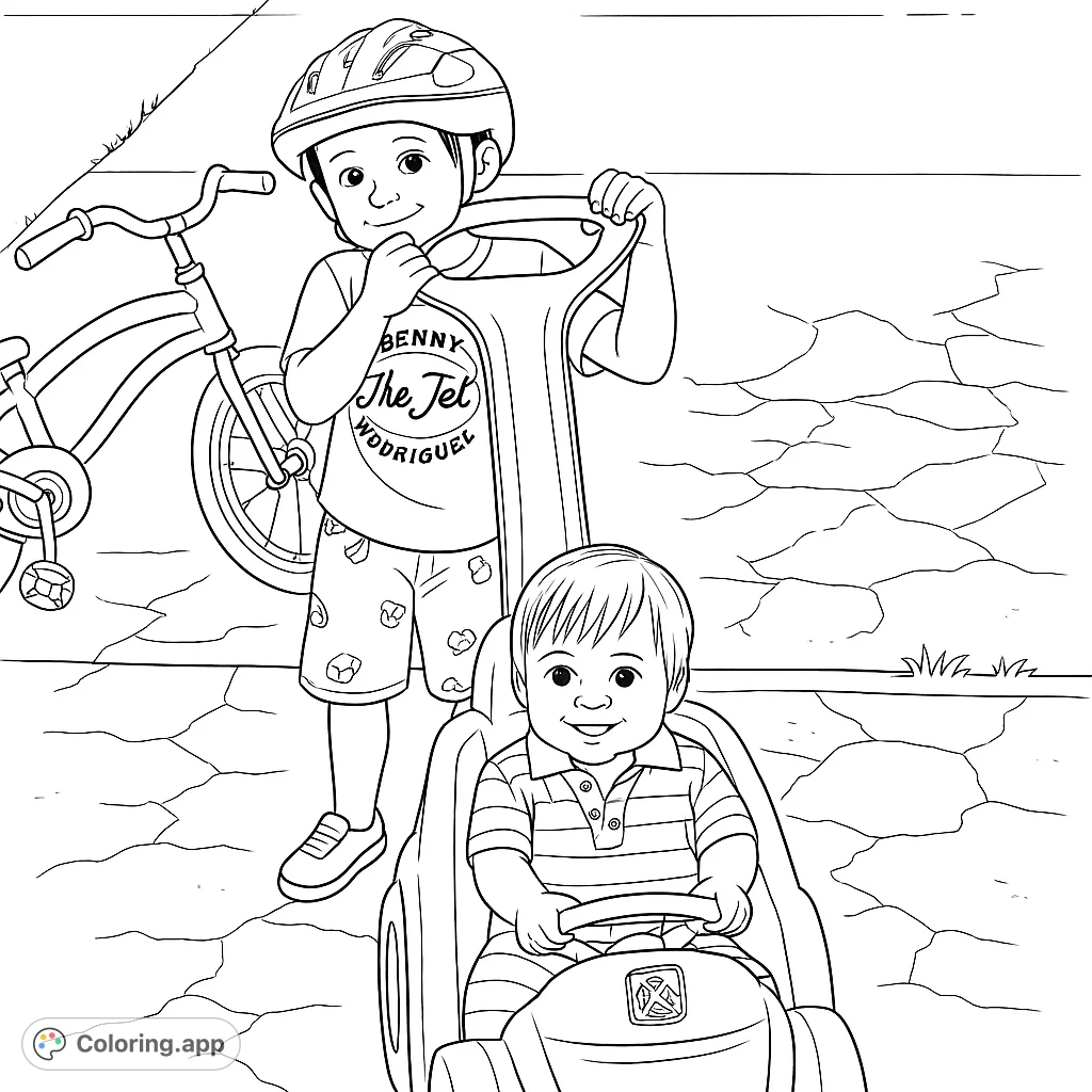 Cheerful boys enjoy outdoor play with a ride-on car and bicycle. A fun, free printable kids' coloring page for all ages.