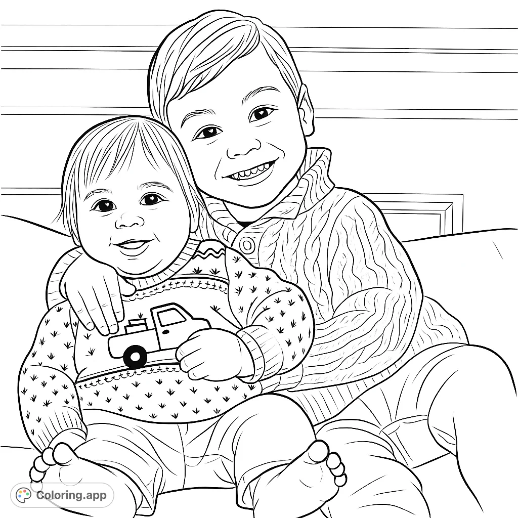 A heartwarming family coloring page featuring two smiling brothers, an older boy embracing his baby sibling on a cozy couch. Perfect for all ages.