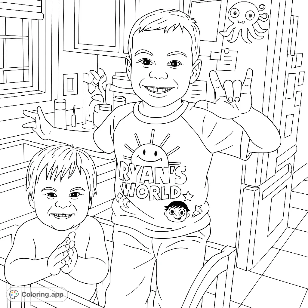 A cheerful Ryan's World themed coloring page featuring two smiling brothers in a kitchen, perfect for young fans to color and enjoy.
