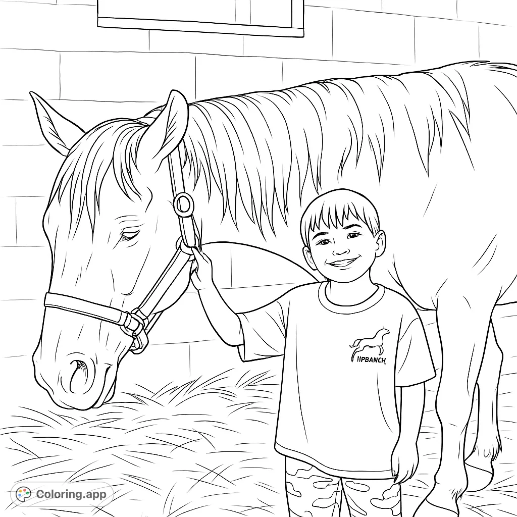 A heartwarming horse coloring page featuring a smiling child gently petting a majestic horse in a stable. Free printable coloring page for kids.