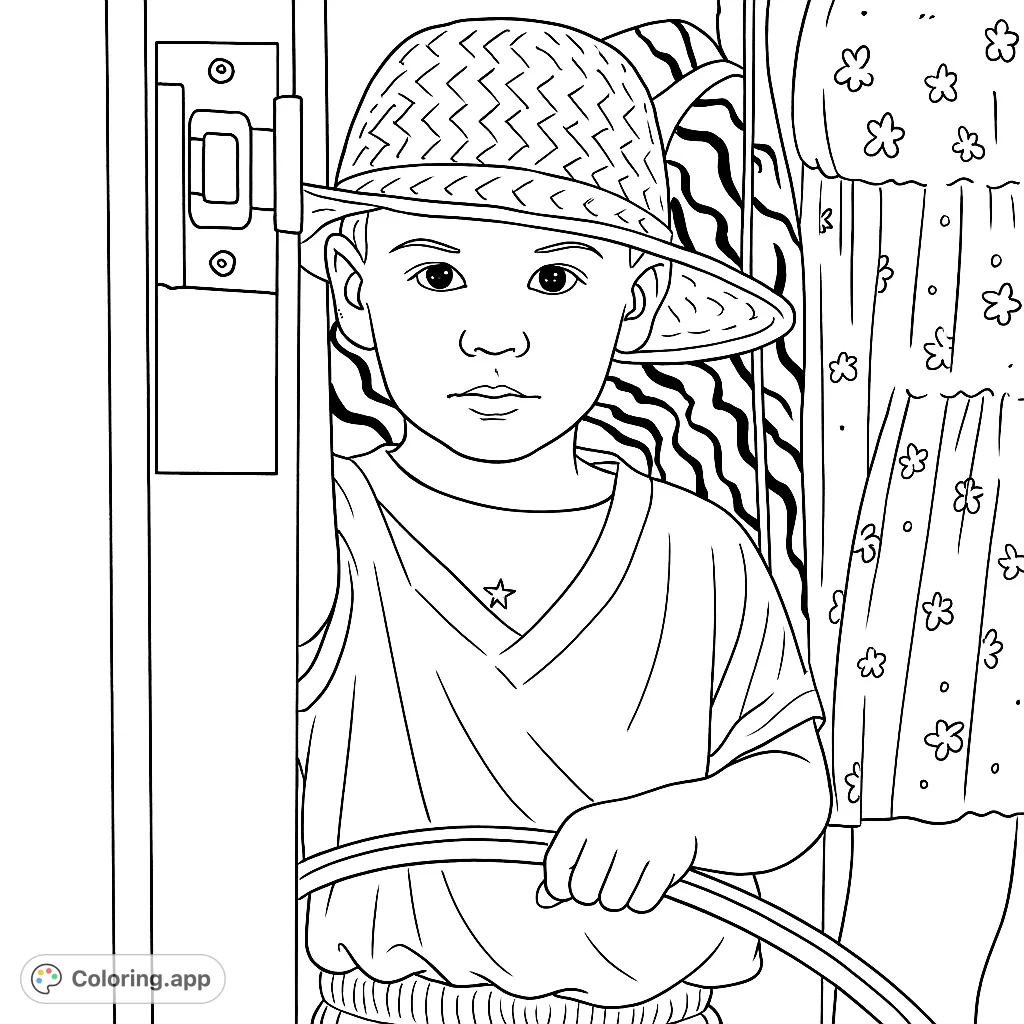 A charming child in a straw hat peeks from a doorway, holding a hula hoop. A delightful scene for a free printable coloring page, perfect for kids.