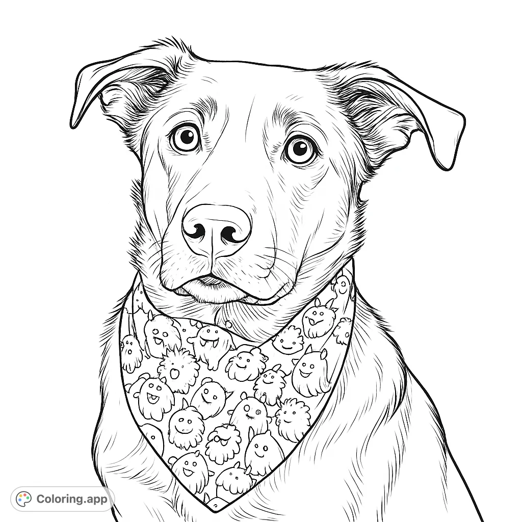 An adorable dog with expressive eyes wears a fun bandana covered in cute, quirky monster characters, perfect for a delightful coloring experience.