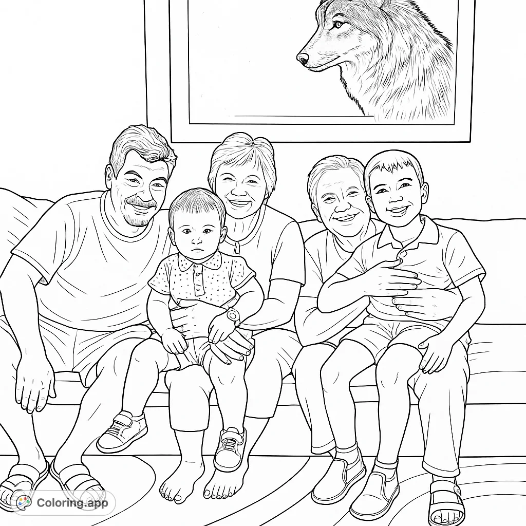 A heartwarming family portrait featuring five people, including two children, sitting together on a couch, ready for your creative touch.