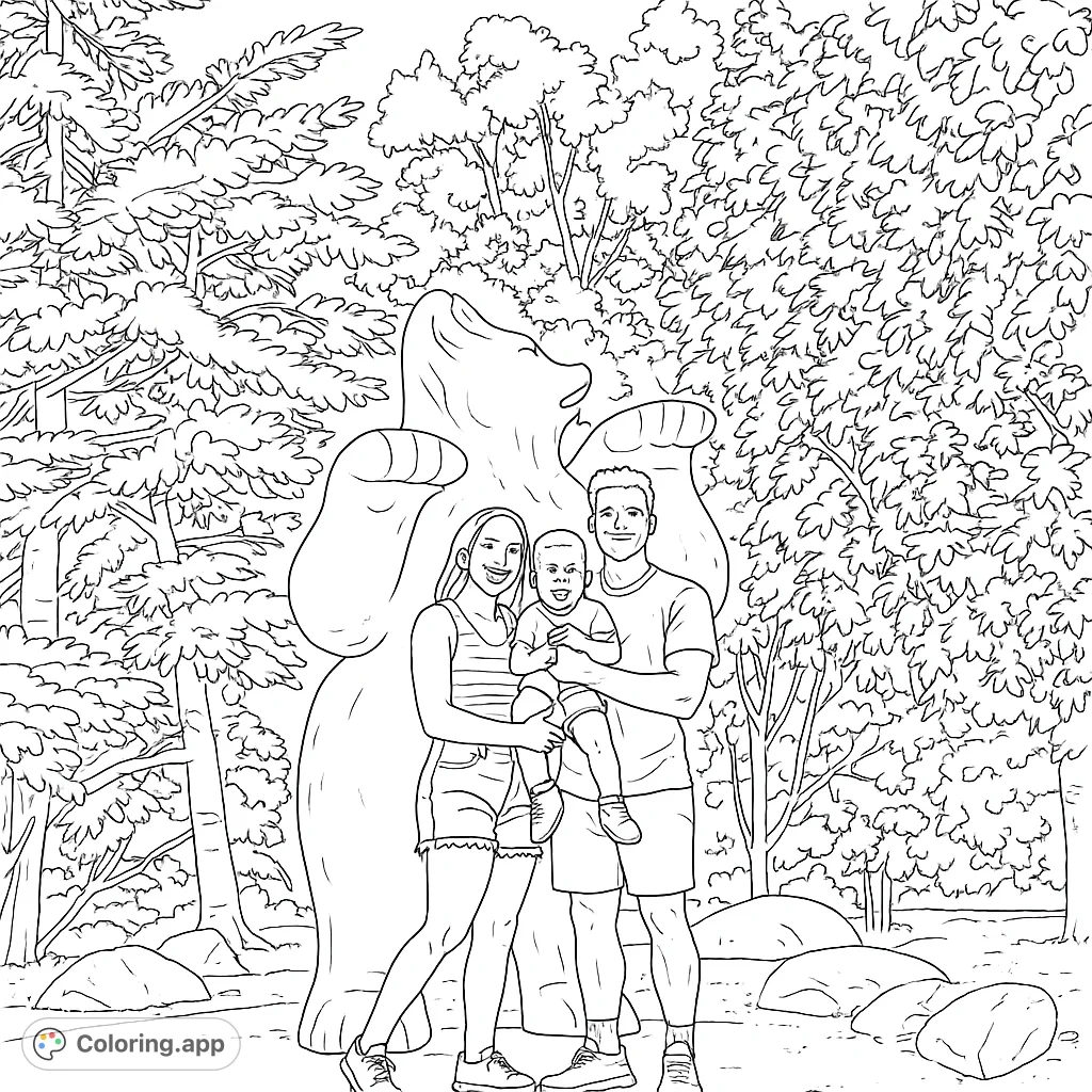 A happy family poses with a large bear statue in a lush forest. Perfect for a family bonding coloring page.