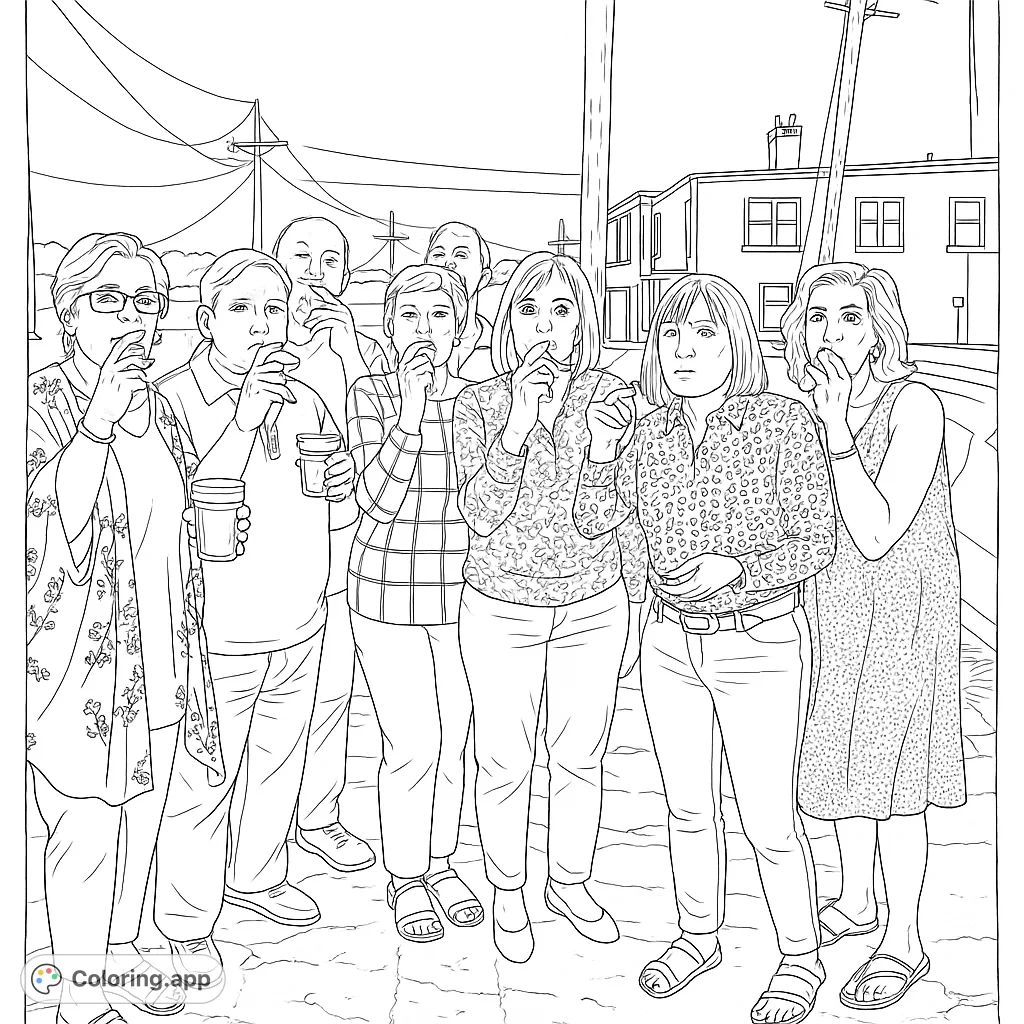 A group of friends enjoying a casual outdoor gathering, with some holding cigarettes and drinks, set against an urban backdrop.