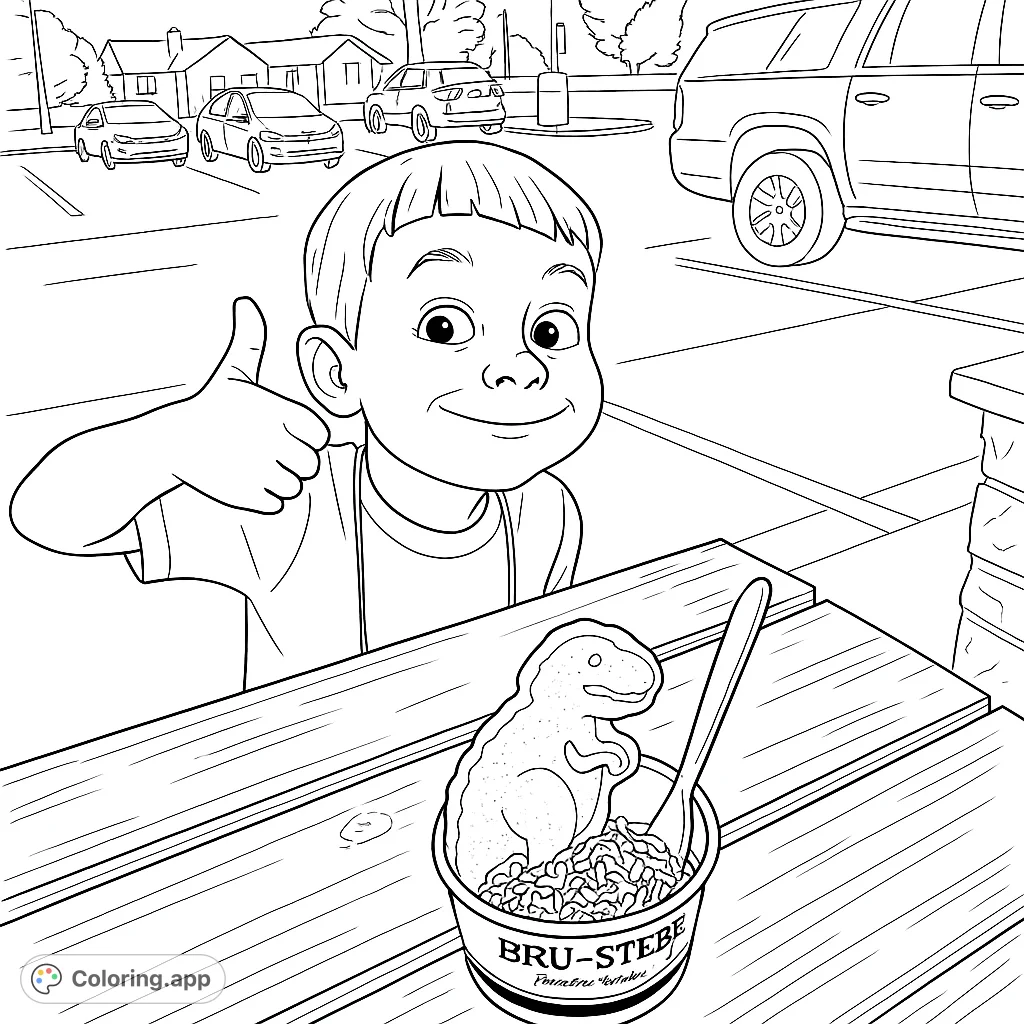 A cheerful boy gives a thumbs-up next to his ice cream cup, featuring a fun dinosaur cookie and colorful sprinkles, perfect for a sweet coloring page.