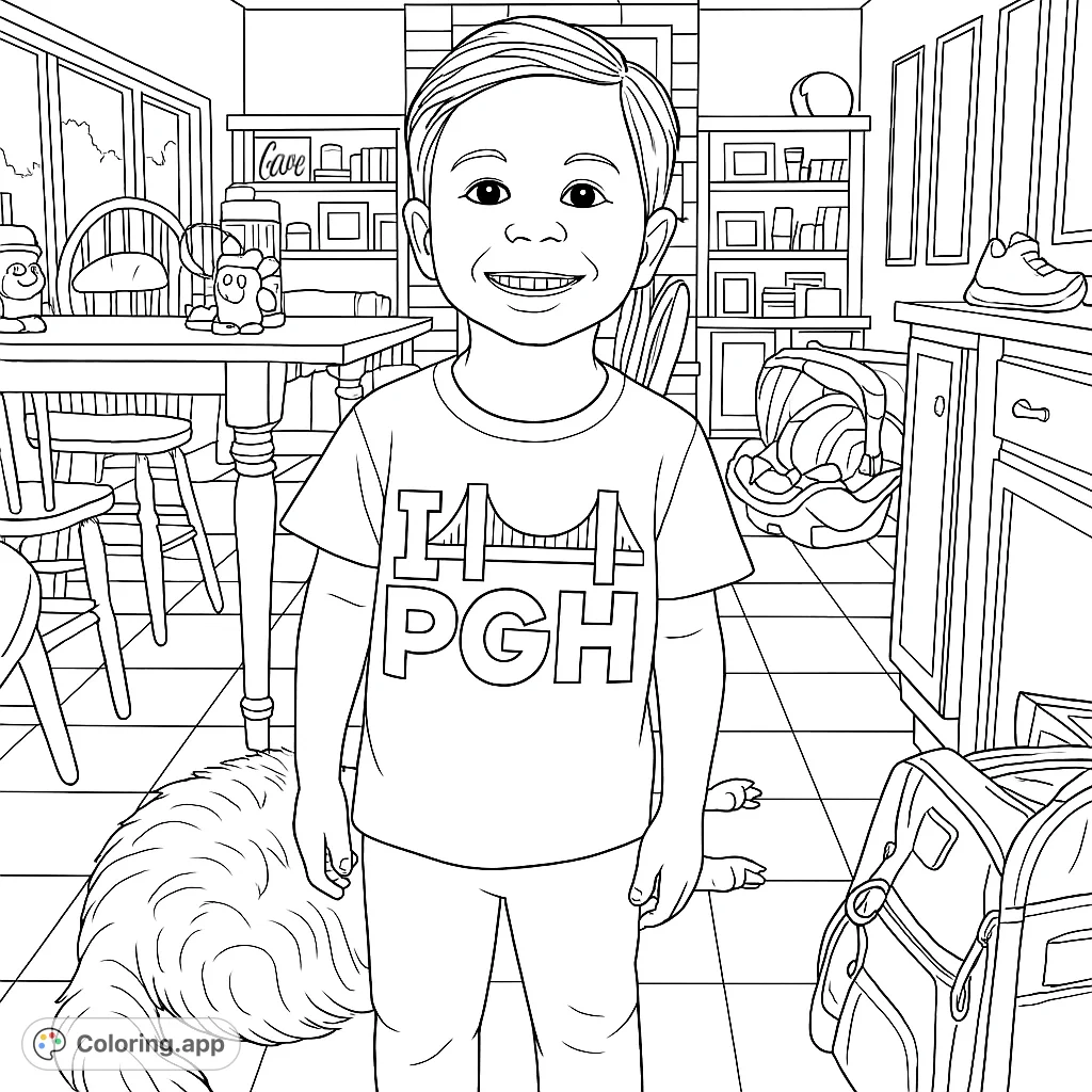 A cheerful child stands in a cozy home, ready for coloring. Features a detailed room with toys and a friendly dog, perfect for family fun.
