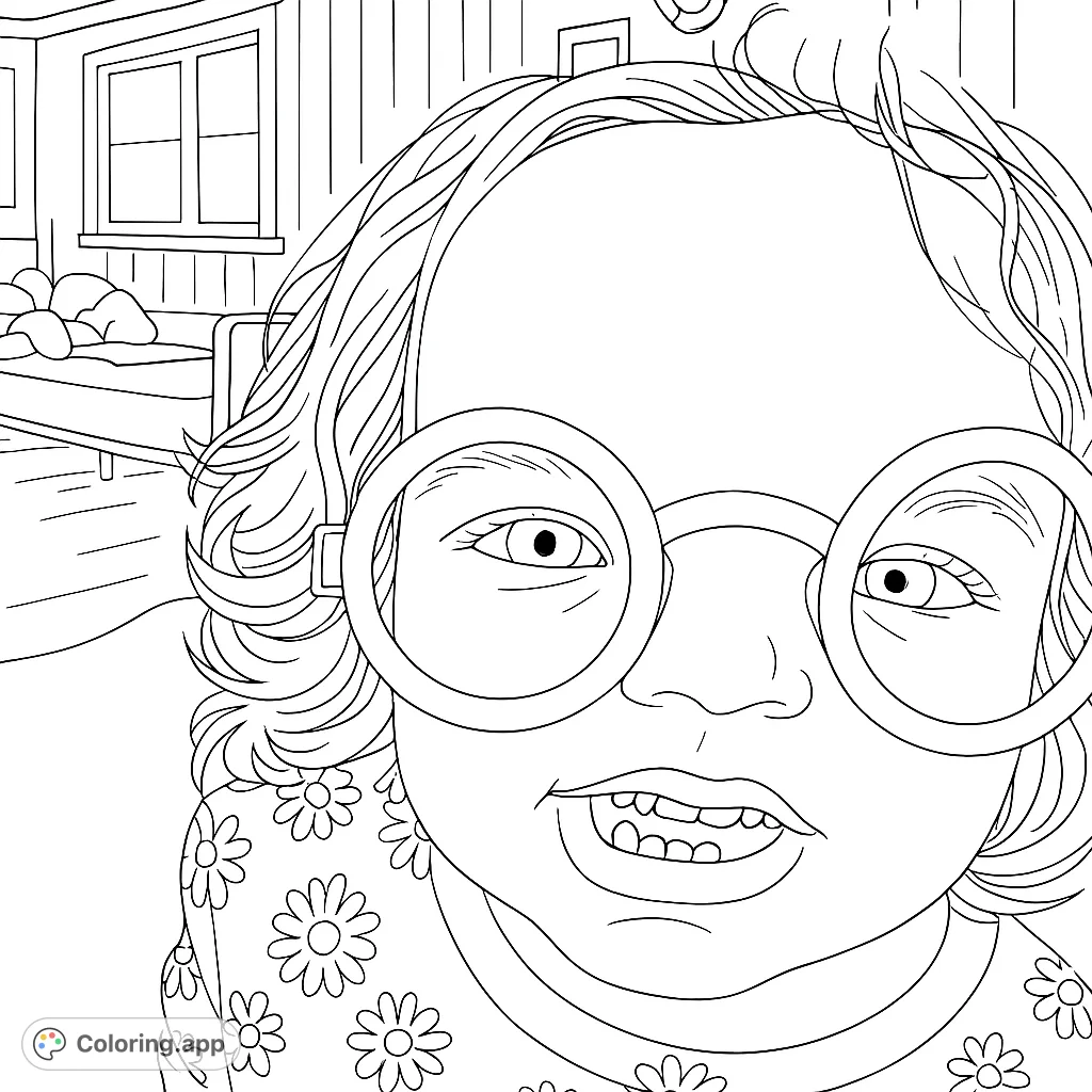 A delightful child in round glasses smiles, ready for vibrant colors. This free printable coloring page is perfect for kids and adults, featuring a charming portrait.