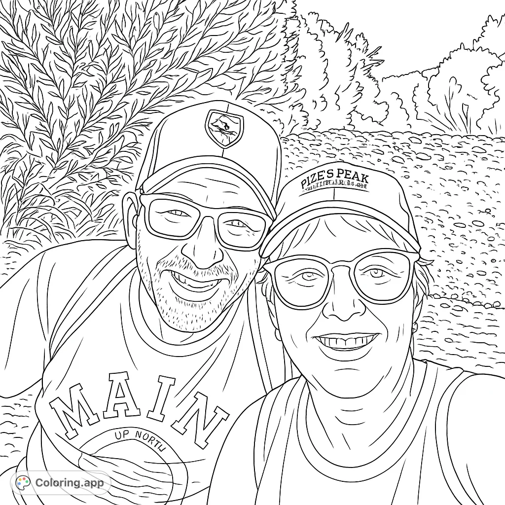 A joyful couple smiles during an outdoor adventure by a stream, surrounded by nature. Perfect for a relaxing nature coloring page.