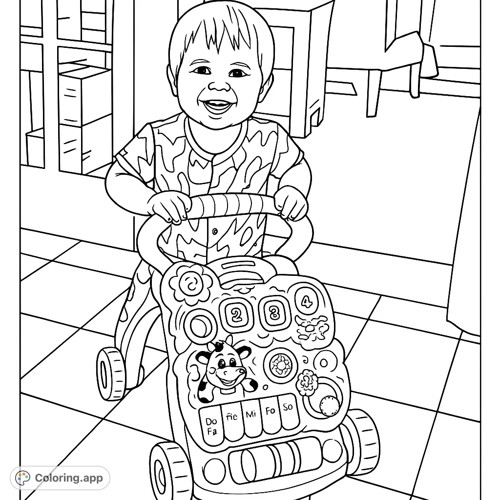 A joyful toddler pushes an activity walker, a fun baby coloring page. Free printable coloring page for kids and adults.