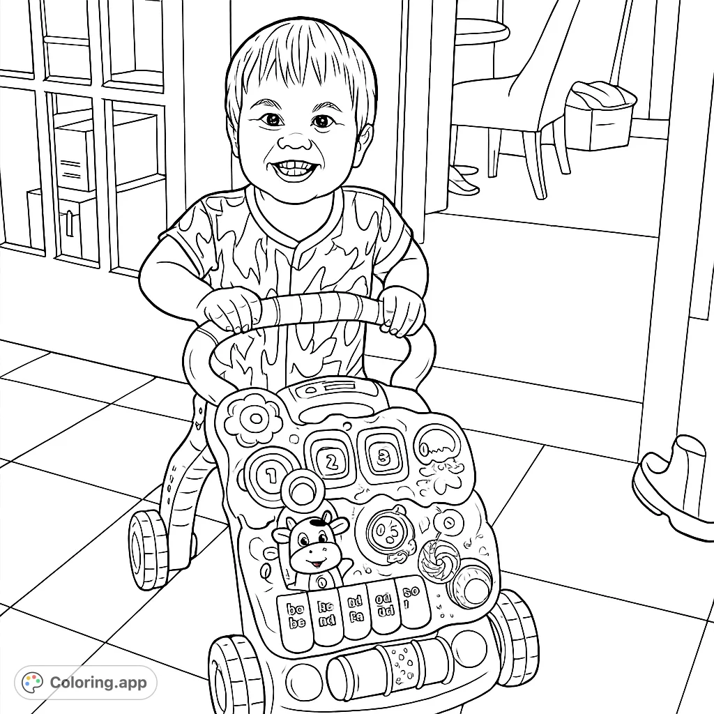 A joyful toddler beams while holding a vibrant activity walker, featuring a piano, cow, and interactive buttons for a fun learning experience.