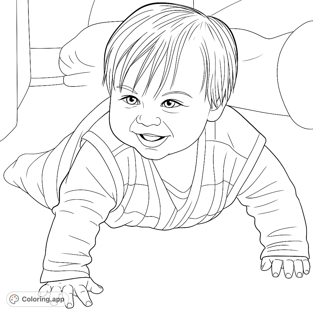 Adorable baby crawling on the floor, captured mid-movement with a joyful expression. Perfect for a heartwarming baby coloring page.