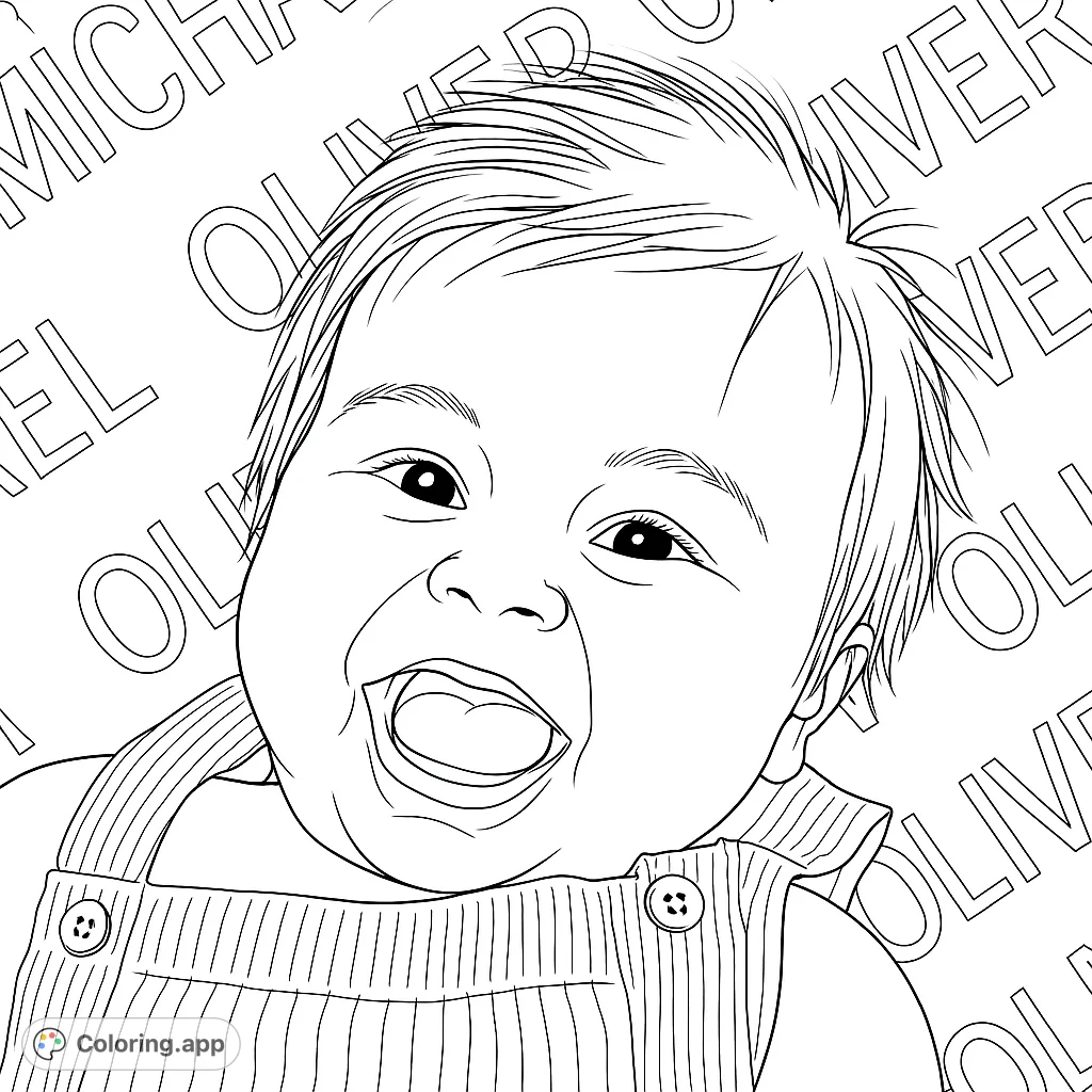 A delightful baby with a wide, joyful laugh, wearing striped overalls. Perfect for a heartwarming and expressive coloring experience.