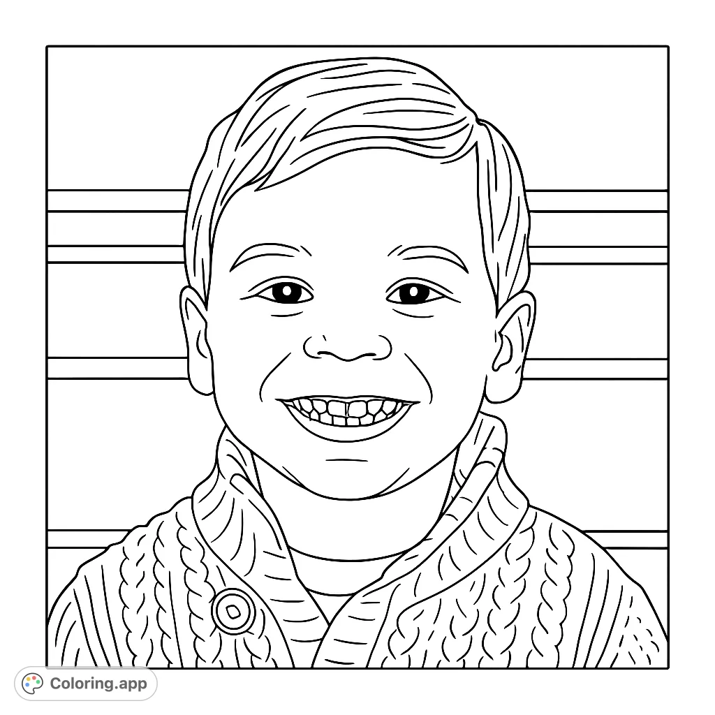 A delightful coloring page featuring a smiling young boy in a cozy sweater, perfect for kids and adults. Free printable coloring page.