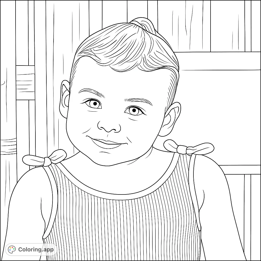 A delightful coloring page featuring a smiling child with a sweet expression, wearing a ribbed top with bows, set against a simple wooden background. Perfect for kids.
