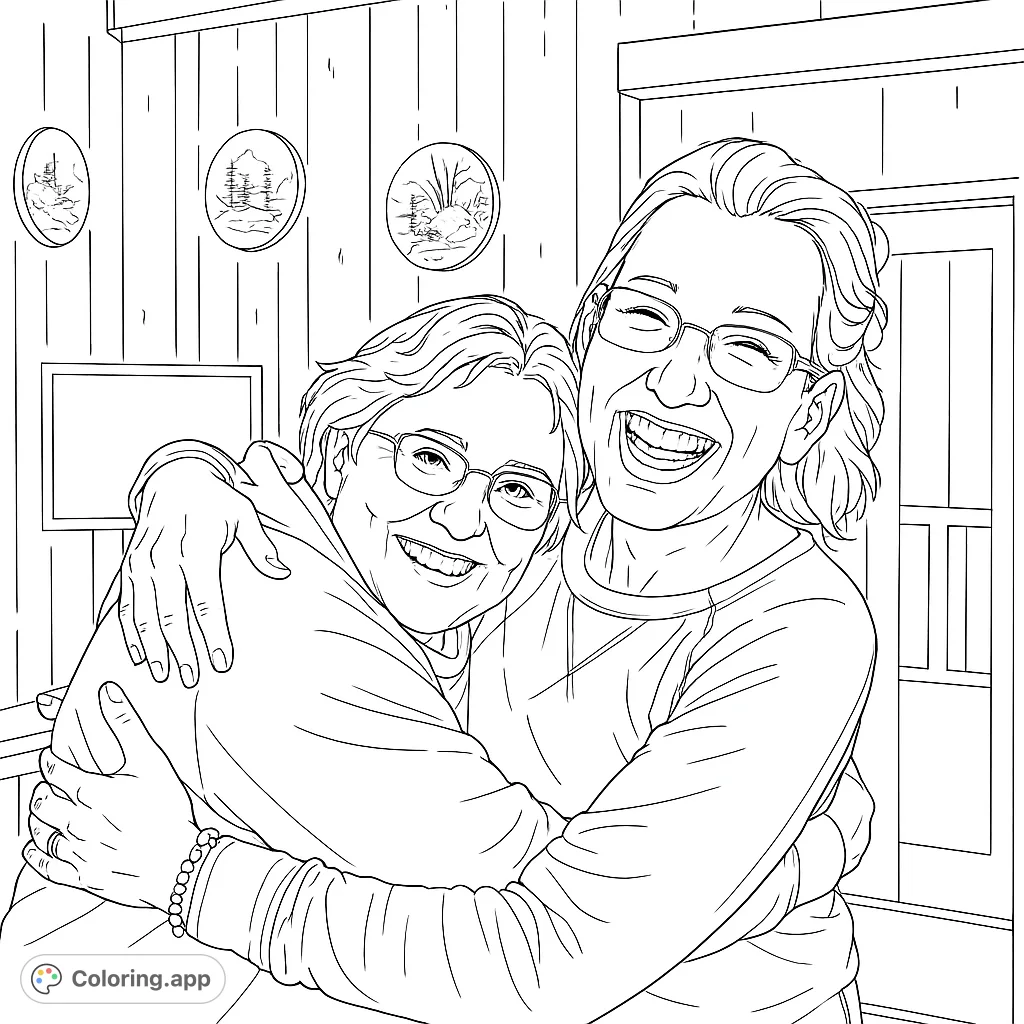 Capture the warmth of friendship with this joyful embrace coloring page. Two women share a happy hug, perfect for celebrating bonds.