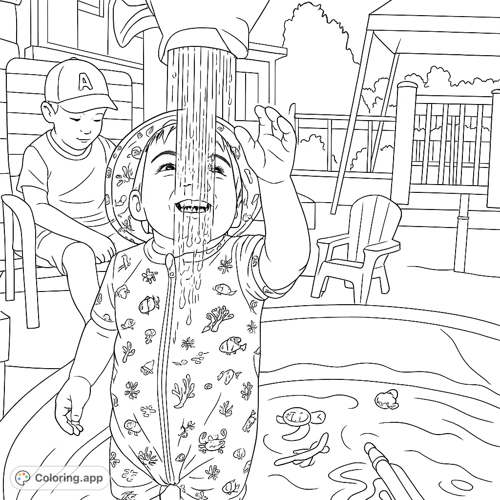 A delightful summer splash scene featuring a happy toddler under a water stream and an older child nearby. Perfect for a fun, free printable coloring page.