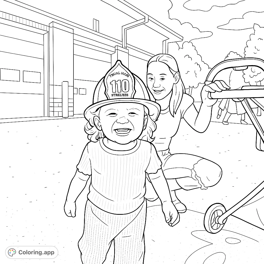 A heartwarming scene of a laughing toddler in a firefighter helmet with a smiling woman and stroller, set against a fire station. Perfect for kids!