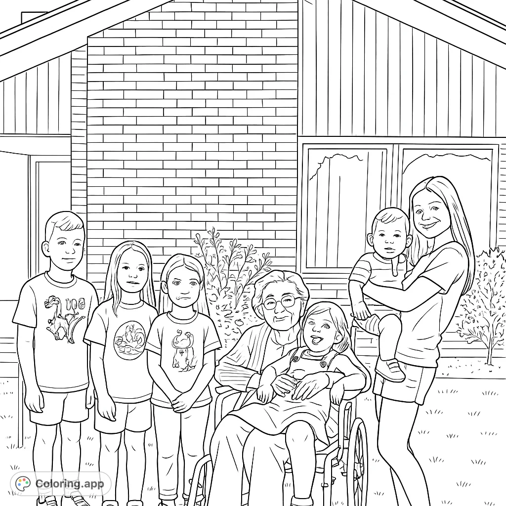 A heartwarming family portrait coloring page featuring a multi-generational group, including children, adults, and a grandmother in a wheelchair, gathered outdoors.