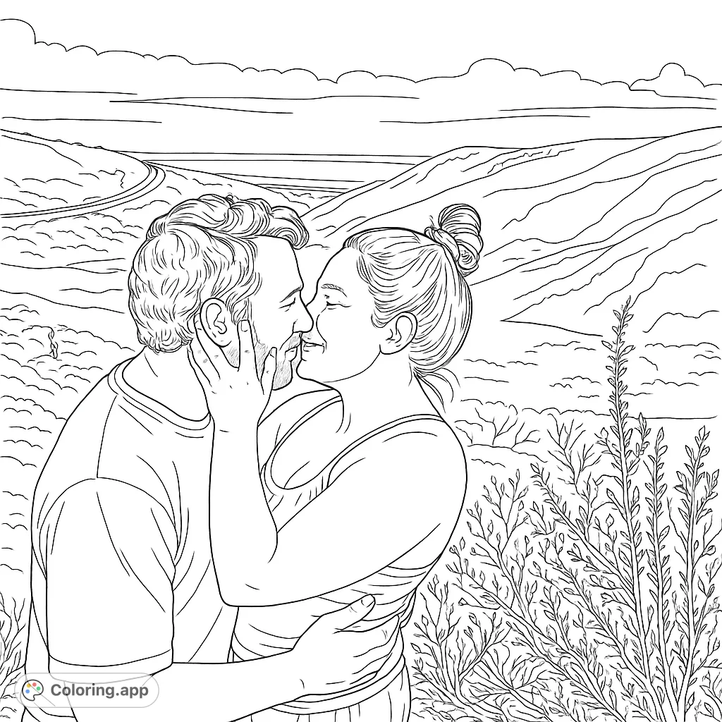Capture a tender moment with this romantic mountain kiss coloring page. Features a couple embracing against a scenic backdrop of rolling hills and distant ocean views.