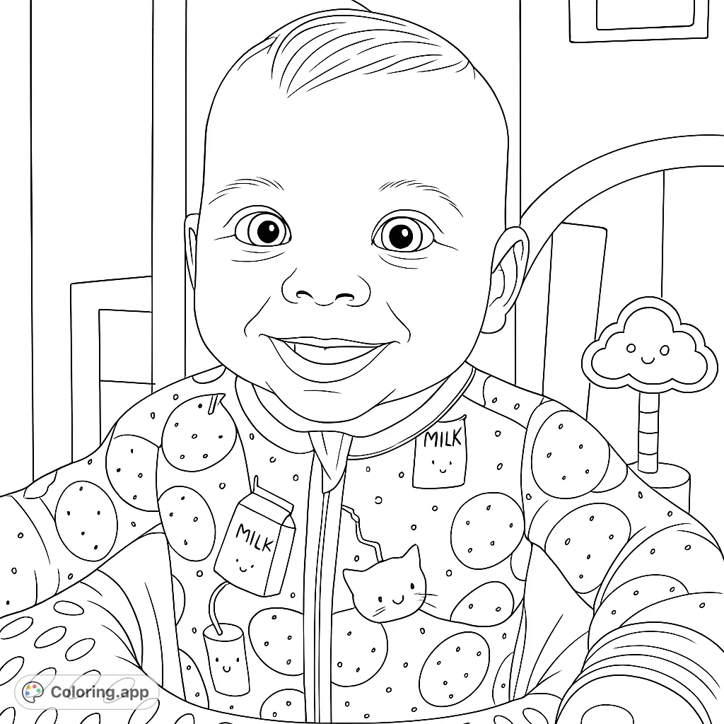 Adorable baby in cookie-patterned pajamas with milk cartons and a cat patch, smiling brightly. A delightful free printable baby coloring page.
