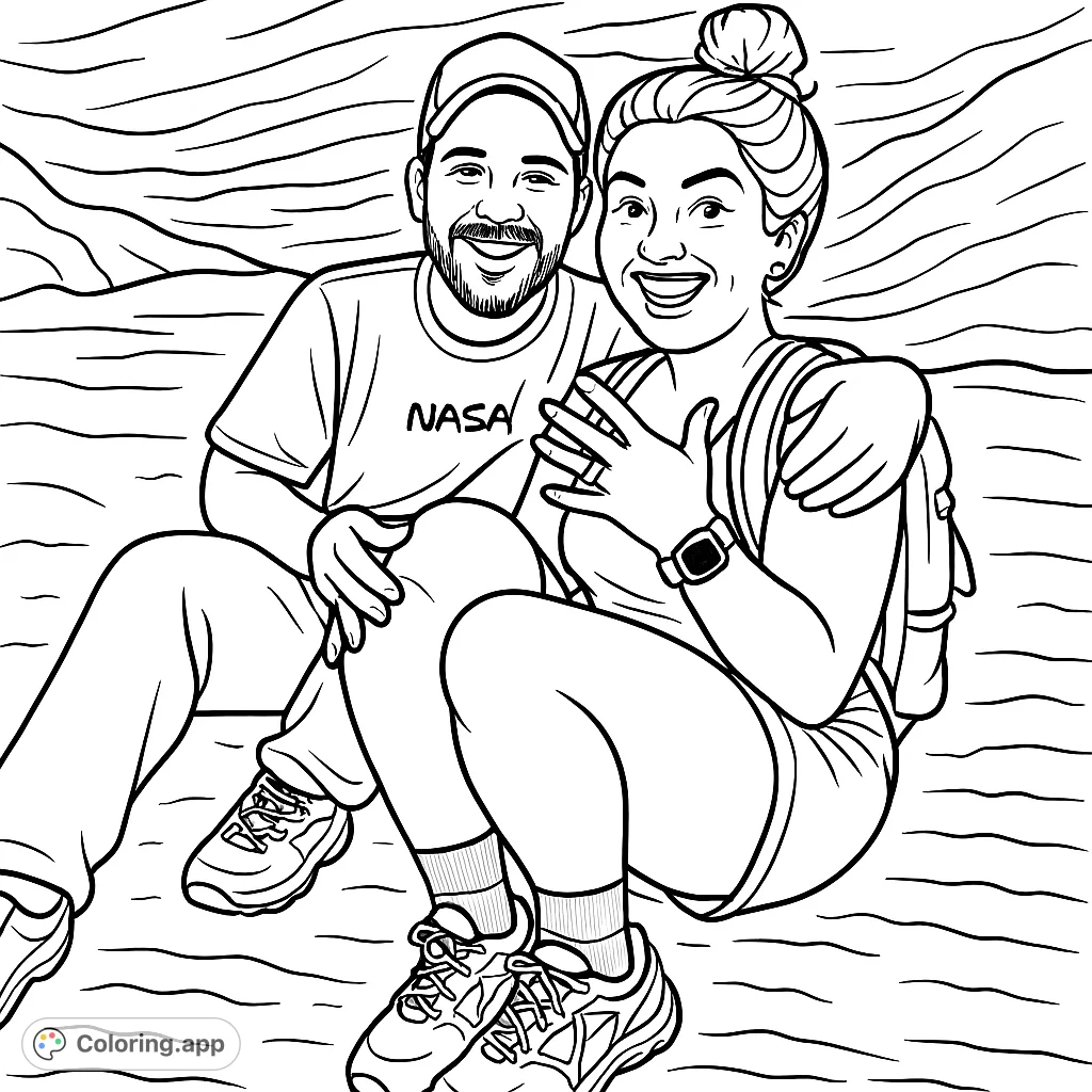Capture the joy of a smiling couple on an outdoor adventure, sitting together under a textured rock formation. Perfect for a relaxing coloring experience.