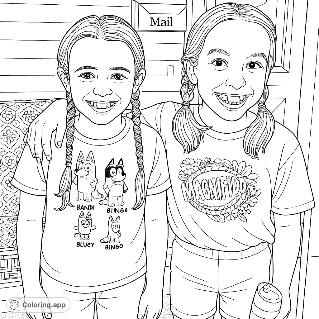 A heartwarming free printable coloring page featuring two smiling girls with braided pigtails, perfect for kids and adults. Celebrate friendship!