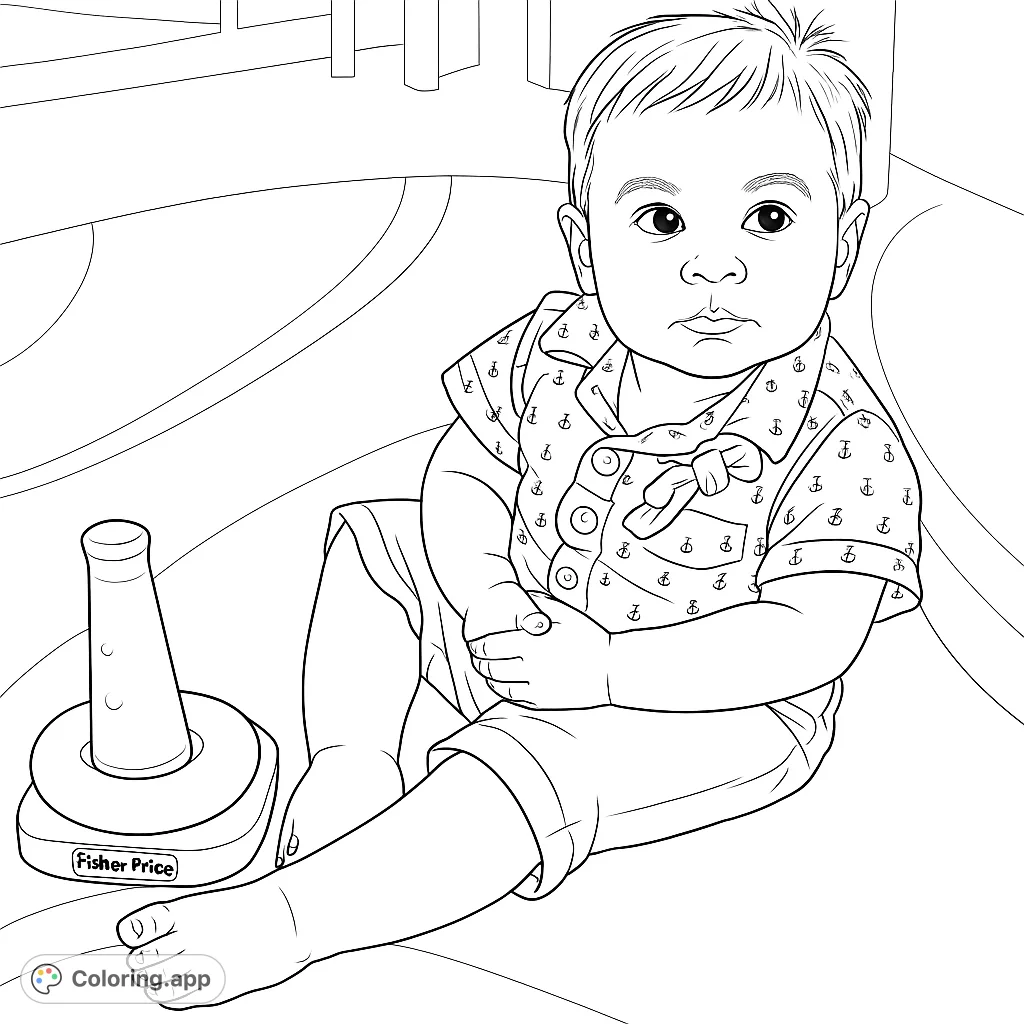 An adorable baby sits thoughtfully on a patterned rug next to a classic stacking toy. Perfect for young artists to explore colors and textures.