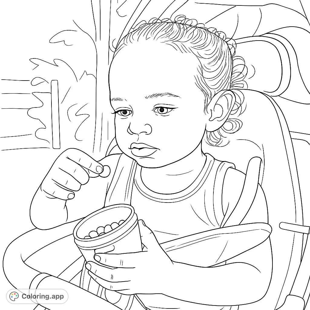 Adorable toddler in a high chair, focused on picking up snacks. A charming free printable baby coloring page for kids and adults.