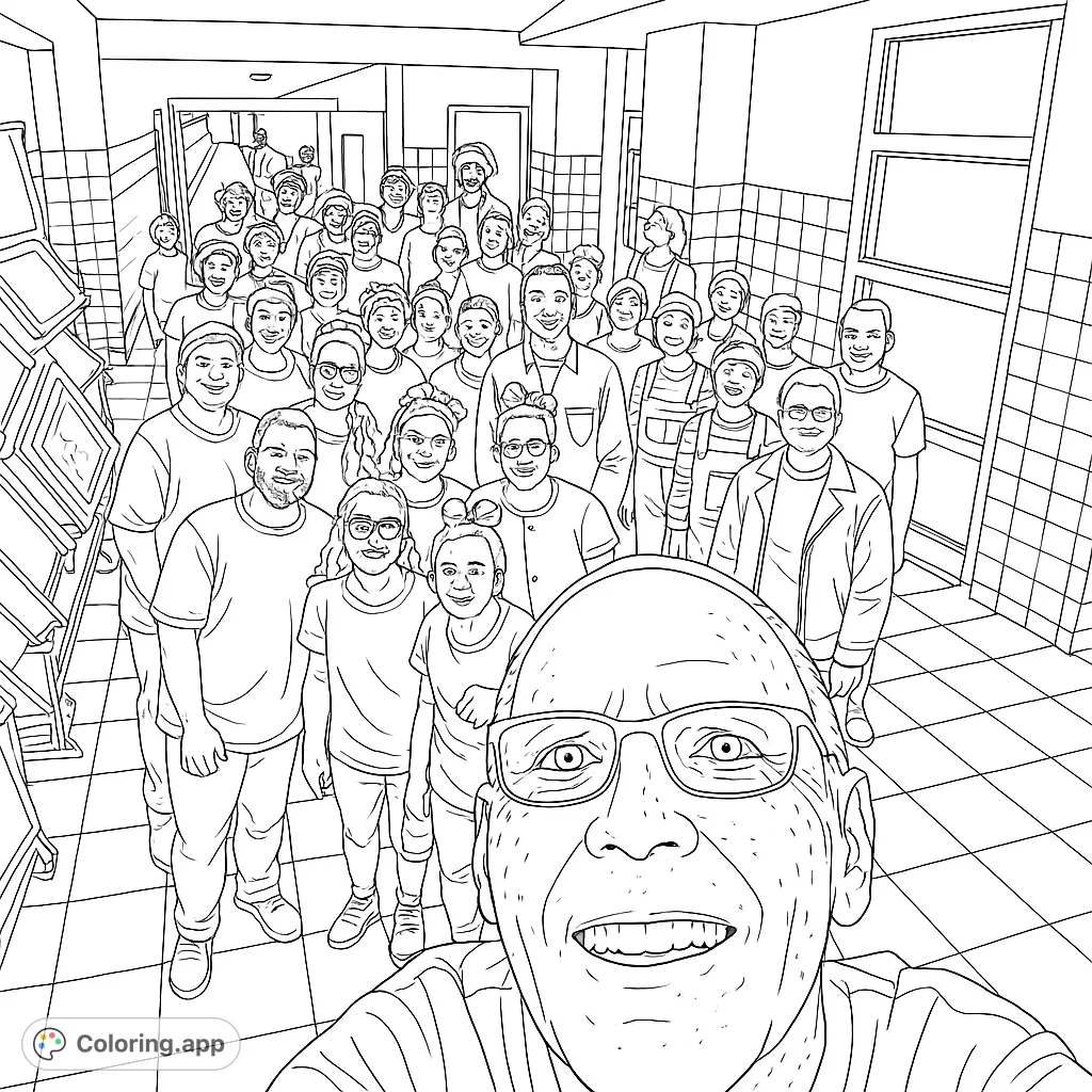 Capture joy with this free printable group selfie coloring page! A diverse crowd smiles in a hallway, perfect for all ages.