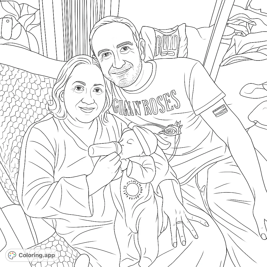 A heartwarming family portrait coloring page featuring parents lovingly feeding their baby. A free printable coloring page perfect for all ages.