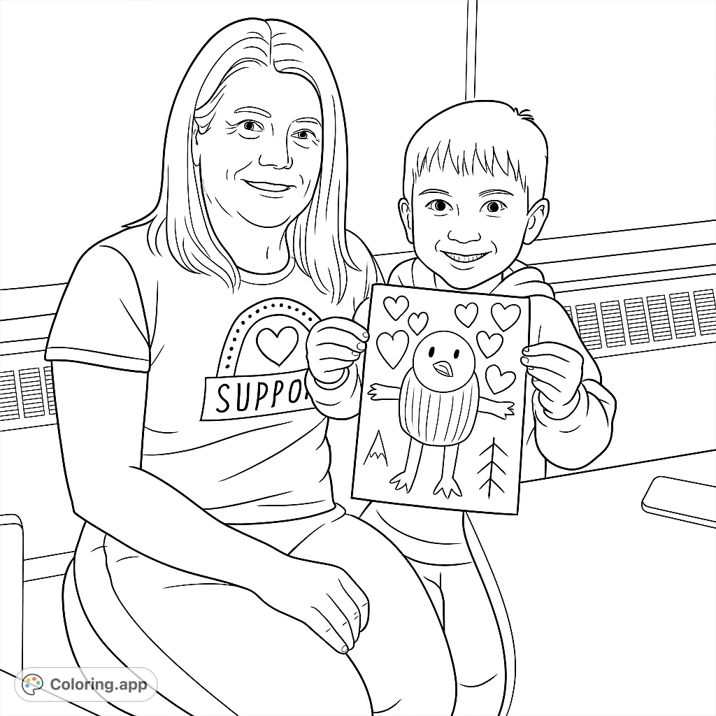 A heartwarming scene of a woman and child proudly displaying a colorful bird drawing. Perfect for family-themed coloring pages for kids and adults.