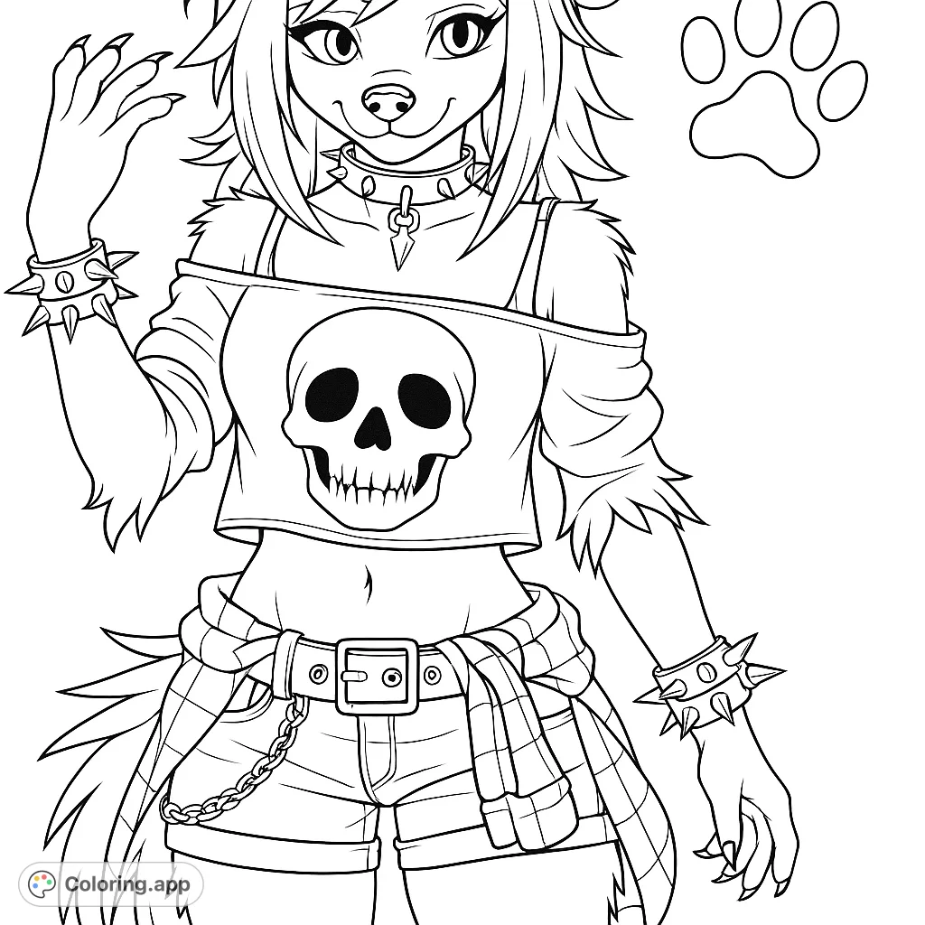 An edgy anthropomorphic wolf character in punk attire, featuring a skull top, plaid shirt, and spiked accessories. Perfect for fans of alternative styles.