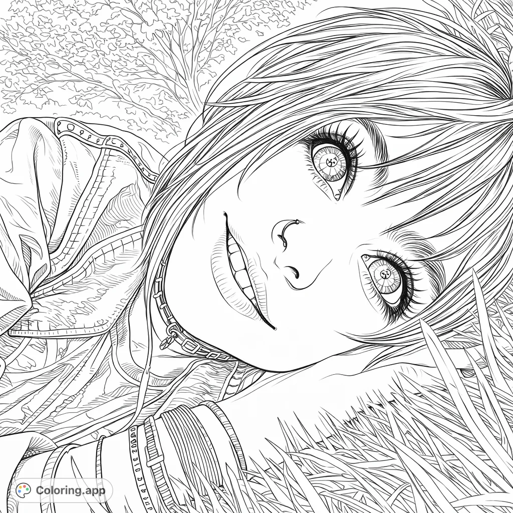 An engaging portrait of a young person with unique hair and detailed eyes, smiling while lounging in tall grass. Perfect for personalizing with creative strokes.