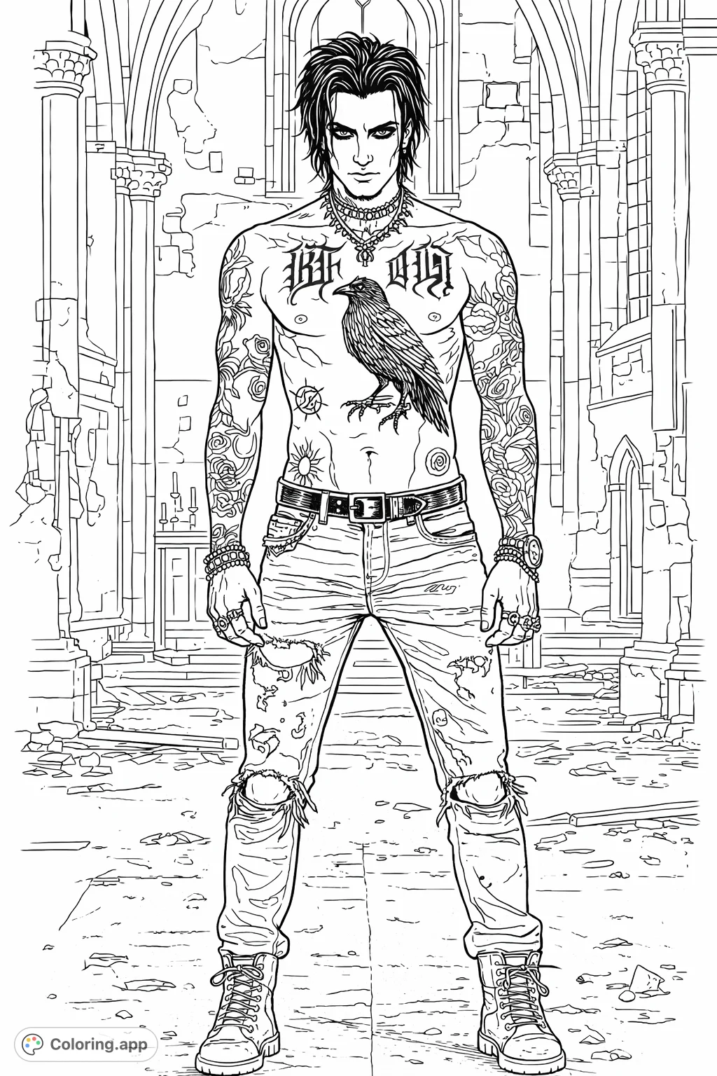 An intriguing gothic figure covered in detailed tattoos, including a prominent raven, stands within an atmospheric, decaying structure. Unleash your creativity!