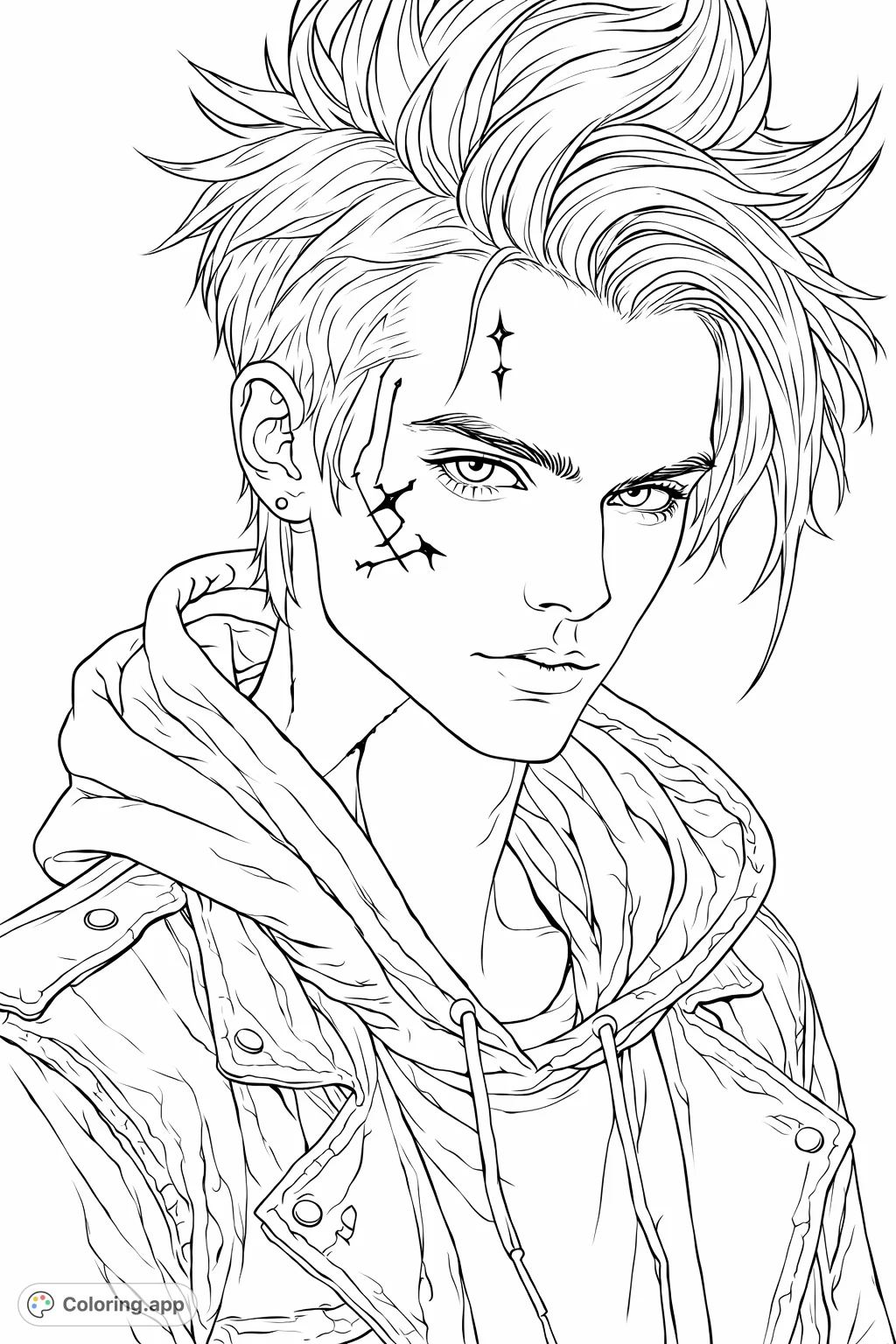 An edgy character portrait featuring a young man with spiky hair, unique facial markings, and a layered jacket, perfect for creative coloring.