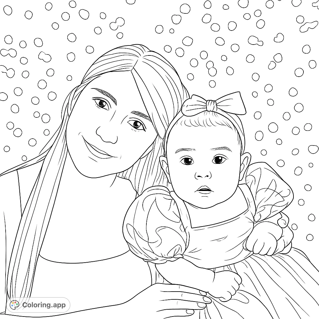A tender mother and baby portrait, perfect for a heartwarming coloring experience. Features a smiling woman holding a sweet baby with a bow, set against a bubbly background.