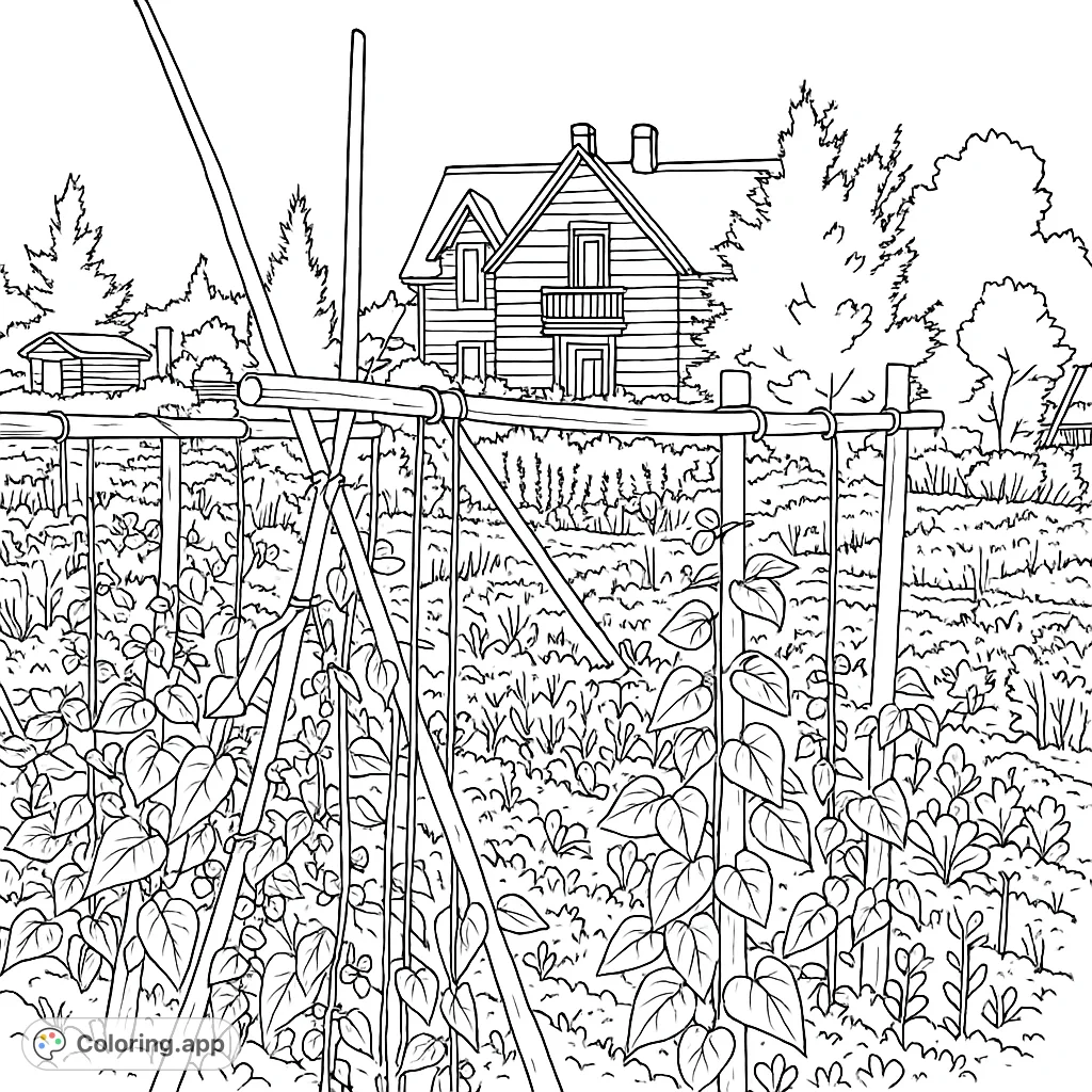 A detailed farmhouse garden coloring page with climbing plants, a rustic house, and lush greenery. Free printable for all ages.
