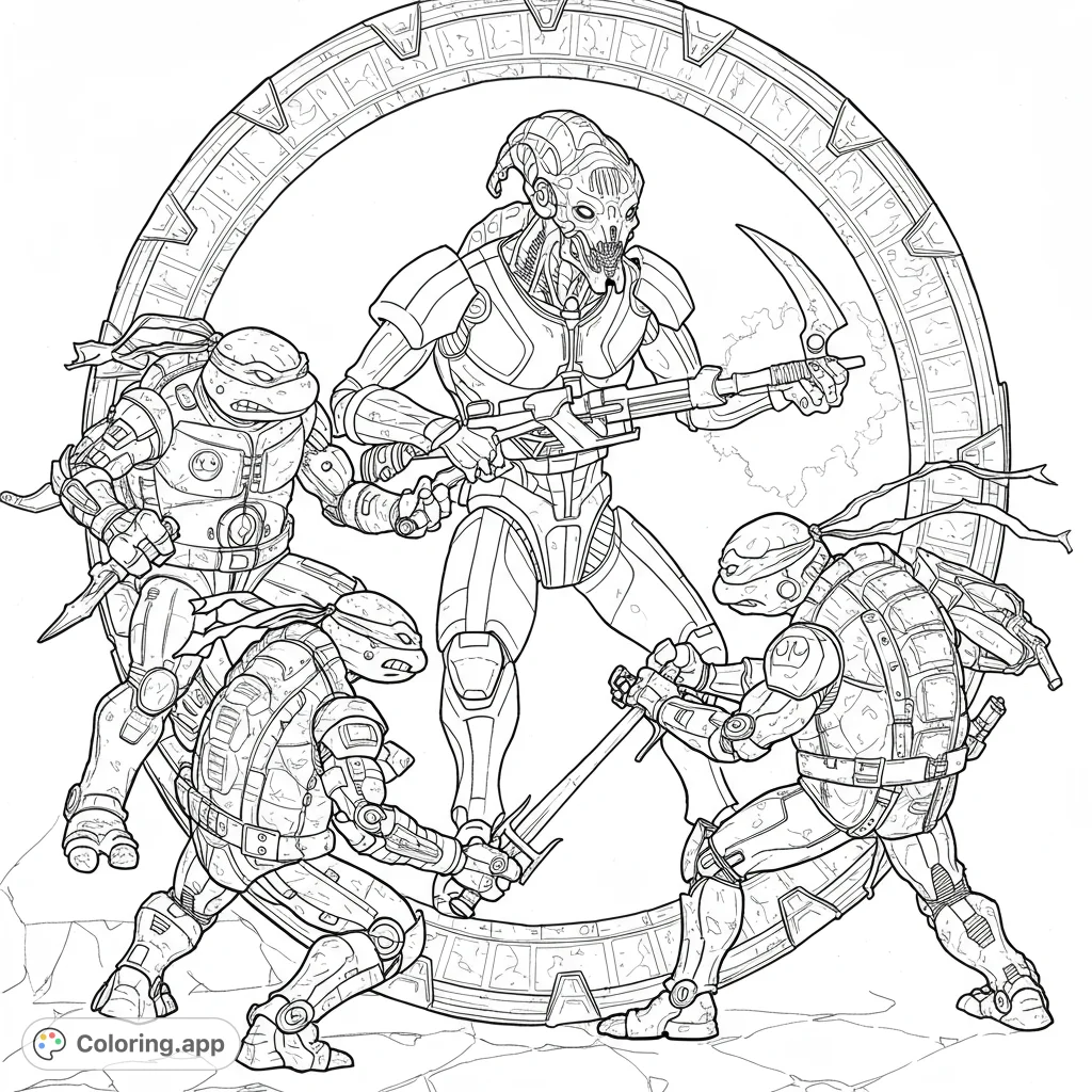 Epic sci-fi battle featuring armored turtle heroes confronting a formidable alien robot before a mysterious portal. Action-packed and detailed.