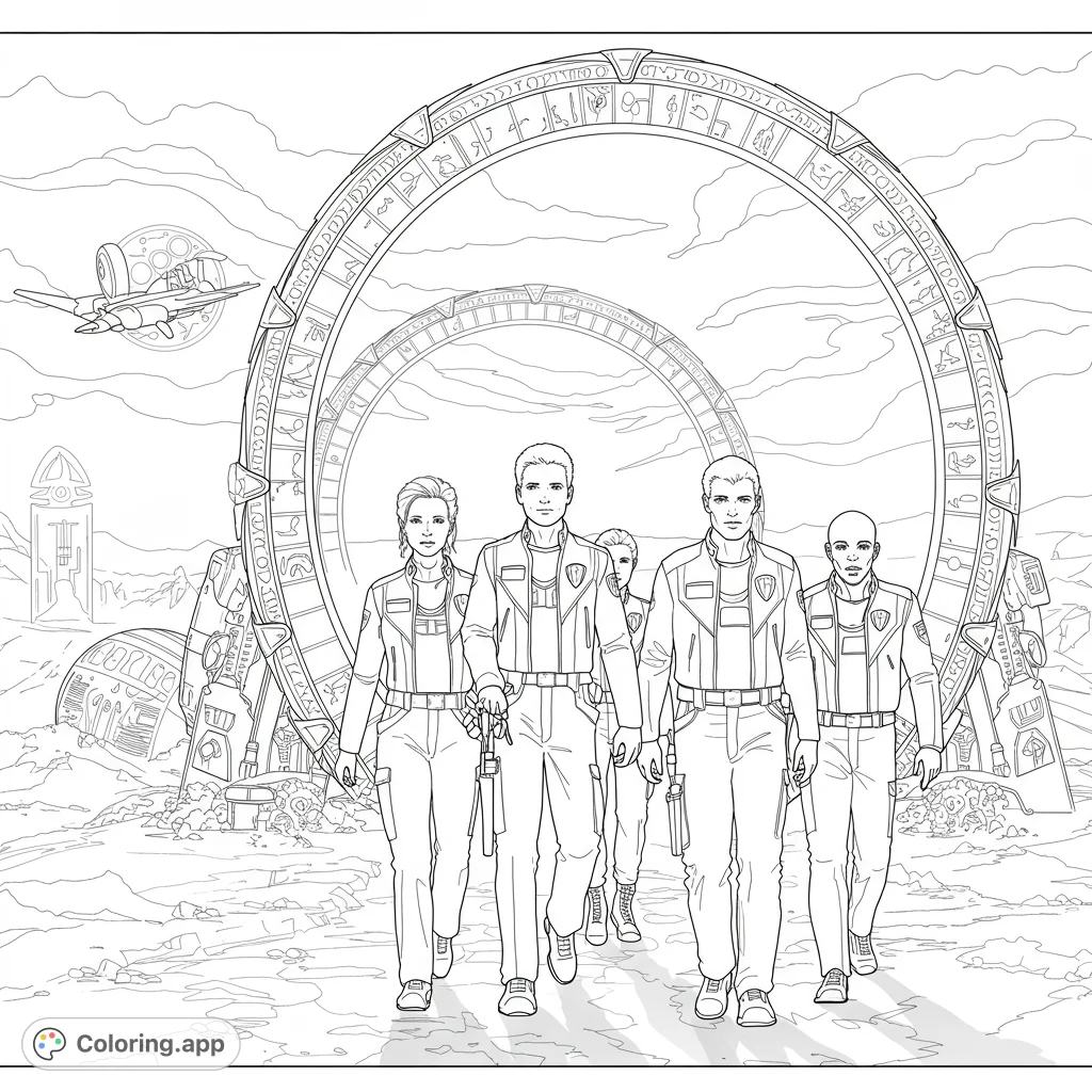 A team of explorers emerges from a grand, ancient gateway on an alien world, with futuristic structures and a spacecraft in the distance. A captivating sci-fi coloring page.