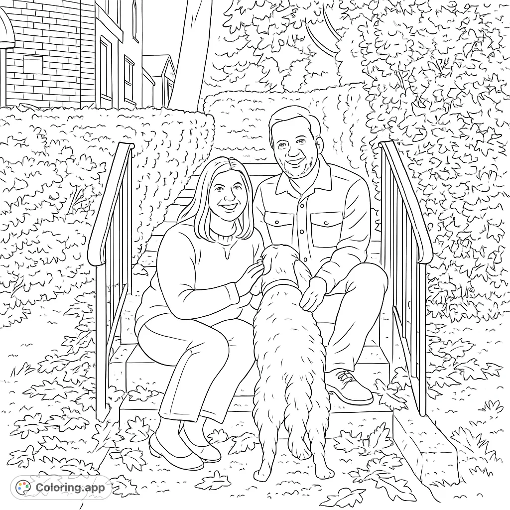 A heartwarming family portrait featuring a smiling couple and their beloved dog on autumn steps, surrounded by lush foliage. Perfect for a cozy coloring session.