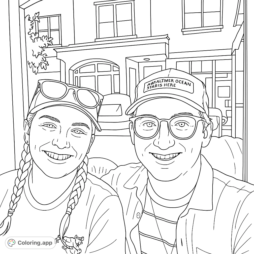 A delightful free printable coloring page featuring two smiling friends in an urban setting, perfect for all ages. A happy moment to color!