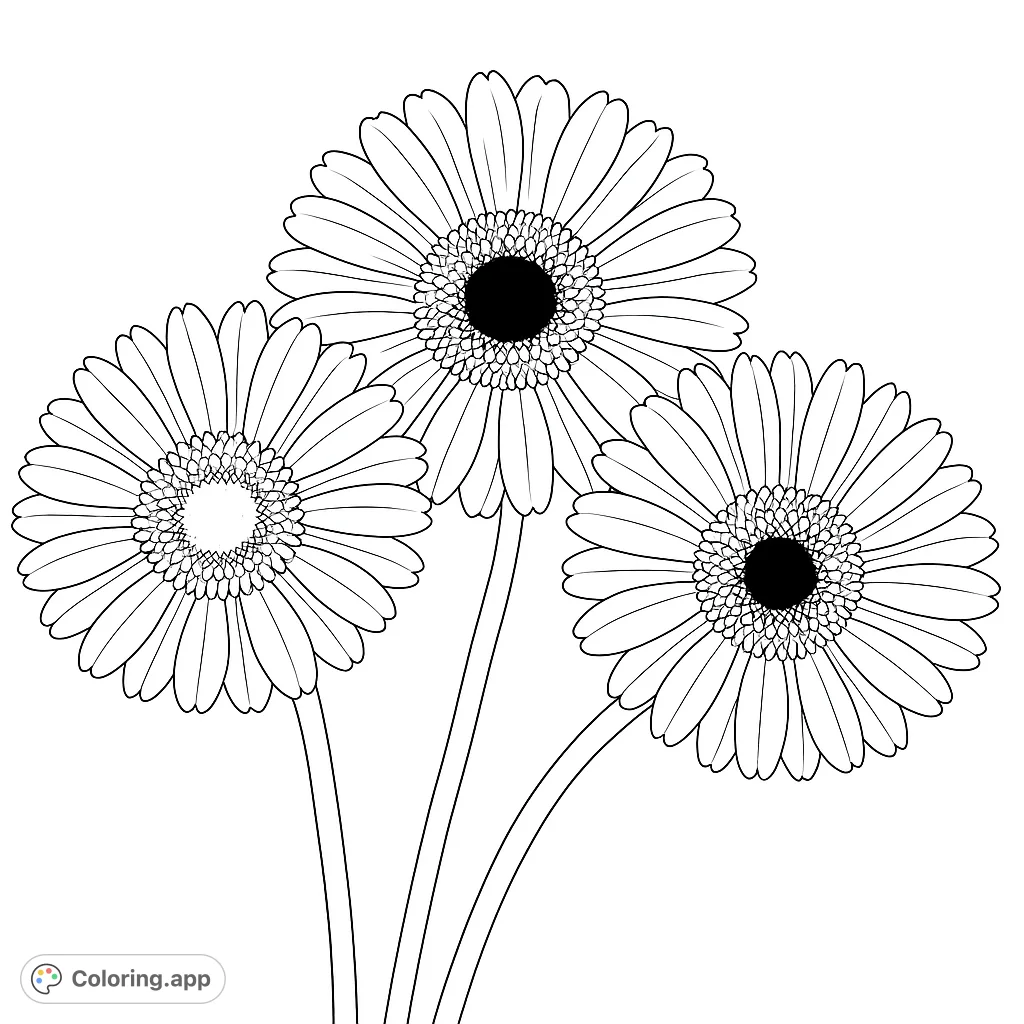 A beautiful gerbera daisy coloring page featuring three elegant blooms with detailed petals and centers. Perfect for floral enthusiasts and relaxation.