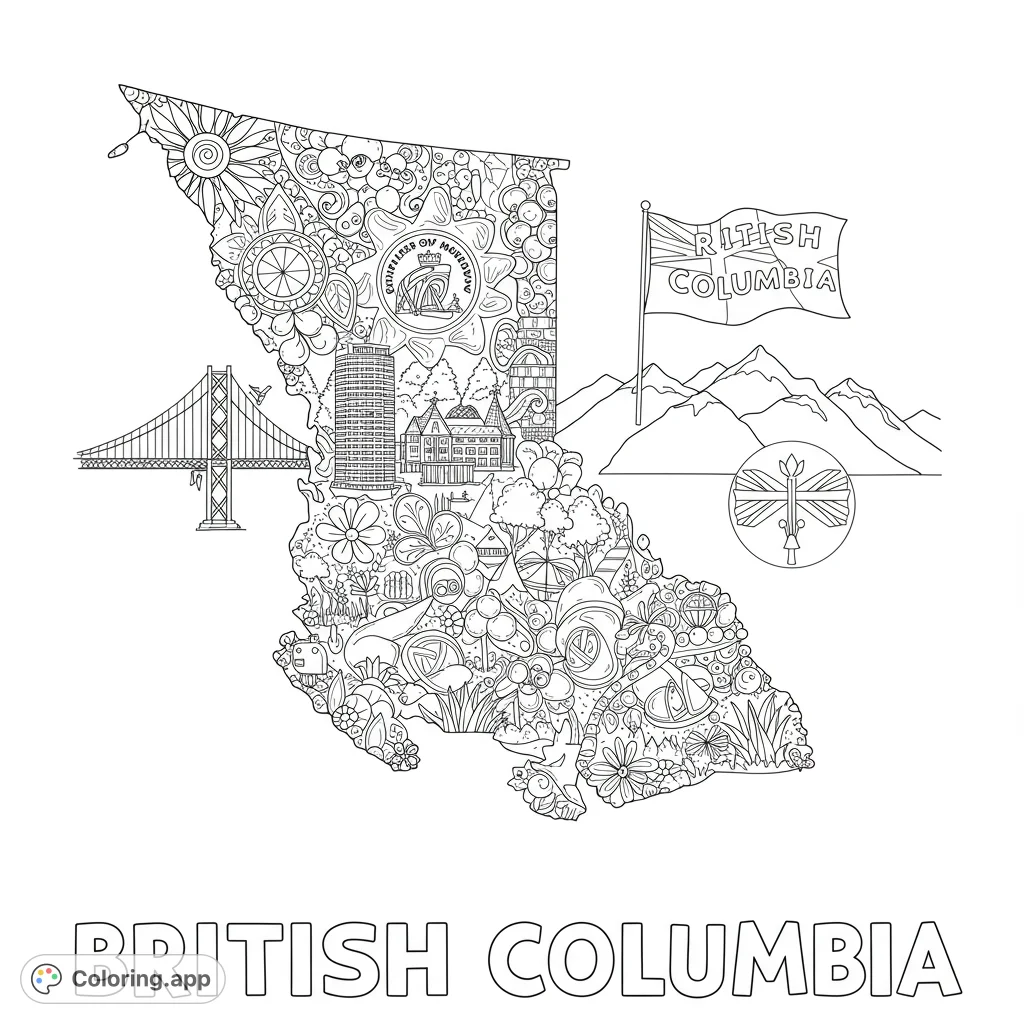 Explore British Columbia's iconic landmarks and natural beauty within a detailed map outline. A free printable British Columbia coloring page for all ages.