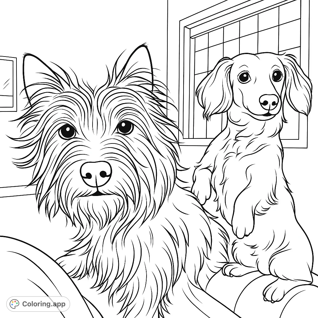 Color two adorable dog friends! This free printable coloring page features a shaggy terrier and a smooth dachshund in a charming indoor scene.