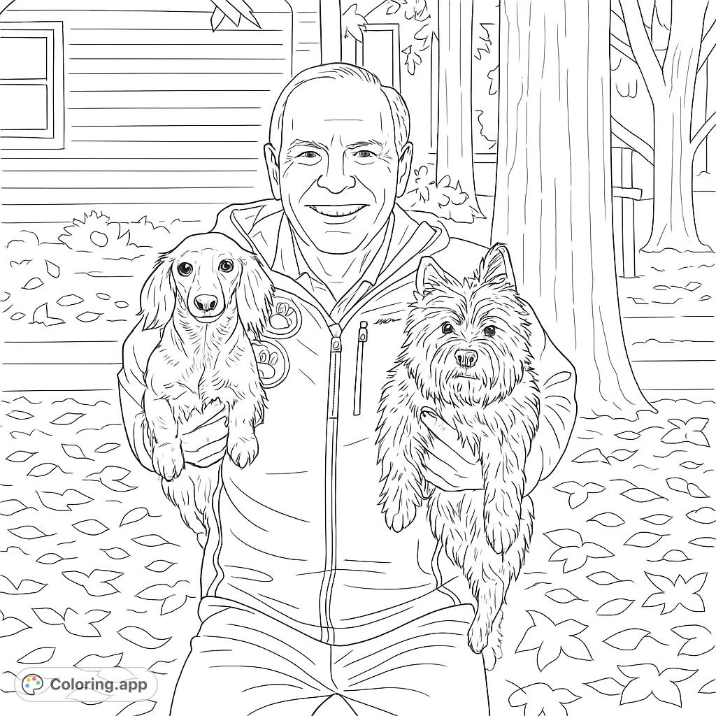 A heartwarming scene featuring a smiling man holding his two beloved canine companions, set outdoors with fallen leaves.