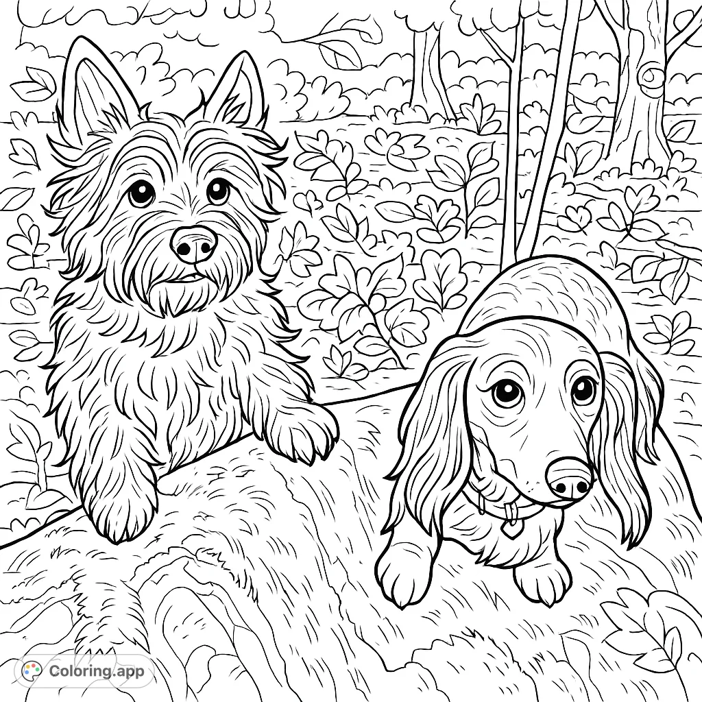 A whimsical coloring page featuring two playful dogs, a scruffy terrier and a long-haired dachshund, posing on a mossy rock in a detailed forest setting.